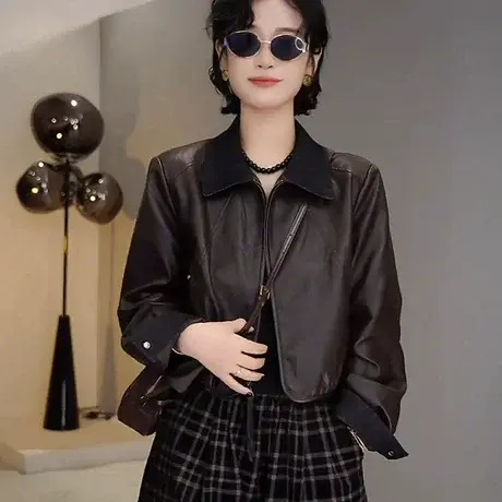 韩版时尚百搭宽松显瘦翻领长袖皮衣外套女2025秋季新款PU上衣外套商品大图