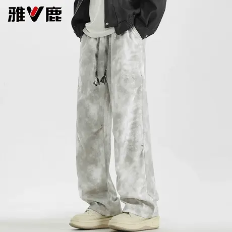 雅鹿2026春秋新款宽松阔腿休闲裤男暗纹印花加厚加绒保暖脏脏长裤商品大图