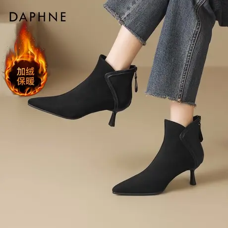 达芙妮尖头靴子女2025新款秋冬法式小短靴细高跟踝靴黑色妈妈鞋女图片
