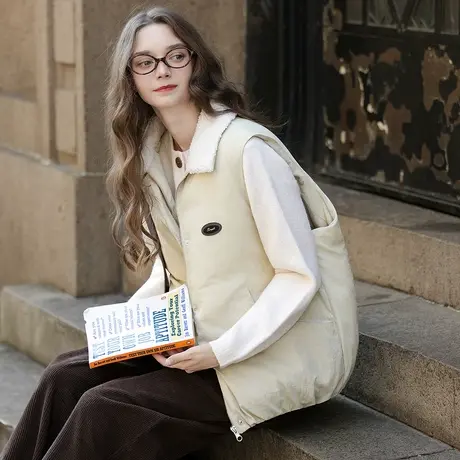 唐狮秋冬季短款马甲棉衣女拼接仿羔毛翻领外穿背心保暖时尚TUTA图片