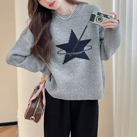唐狮秋冬新款毛衣女简约趣味图案圆领套头慵懒风高级感时尚百搭TD商品大图