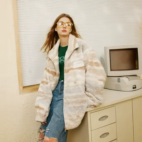 复古条纹棉服女冬季夹棉羊羔毛外套2023新款爆款潮牌宽松棉衣棉袄图片