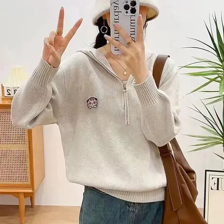 韩版时尚学生猫咪拉链连帽套头针织上衣秋冬2023新款百搭外穿毛衣商品大图