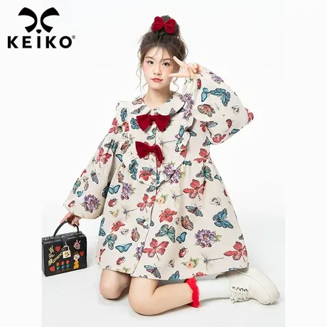 高端蝴蝶图案提花裙式风衣女2023秋季甜美风复古小众设计宽松外套商品大图