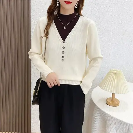 半高领假两件女毛衣秋冬加厚针织打底衫2023年新款宽松百搭女内搭商品大图