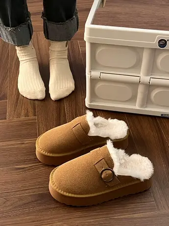 网红加绒勃肯拖鞋女外穿2023年秋冬新款懒人一脚蹬厚底包头棉拖鞋商品大图