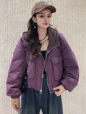 欧货工装撞色棉服女2023秋冬新款时尚连帽加棉宽松显瘦保暖外套潮图片