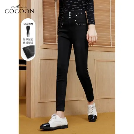 missCOCOON黑色加绒牛仔裤女2023新款春季高腰显瘦弹力铅笔小脚裤商品大图