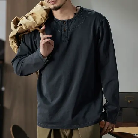 百搭秋季男装长袖T恤春秋耐磨抗皱精梳针织全棉时尚圆领长袖T恤男商品大图