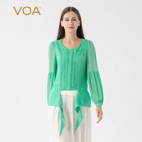 VOA20姆米暗纹提花真丝春绿圆领灯笼长袖立体荡量活页真丝上衣图片
