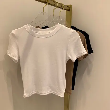 白色短袖女ins潮设计感小众高腰露脐短款上衣2023夏季新款甜酷t恤图片