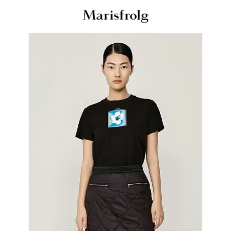 【轻磨毛工艺】玛丝菲尔冬季黑色纯棉透气印花宽松T恤商品大图