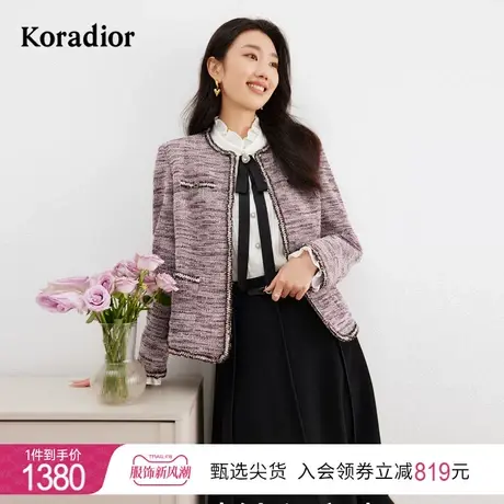 珂莱蒂尔女装2024年春季新款条纹圆领大衣气质通勤百搭短款外套图片