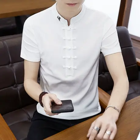 棉麻短袖t恤男士潮牌中山唐装复古上衣服刺绣中国风男装亚麻体恤图片