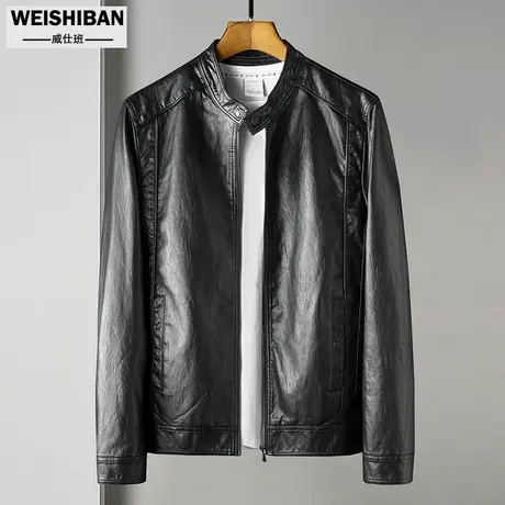 春秋季飞行员休闲立领皮夹克男士简约PU机车皮衣潮缉明线仿皮外套图片