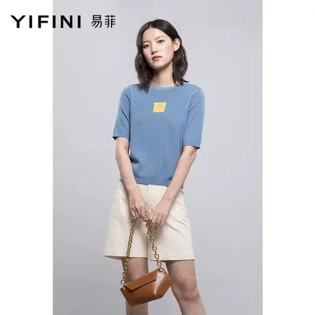 Yifini/易菲春夏新款套头五分袖印花针织衫T恤女上衣打底衫商品大图