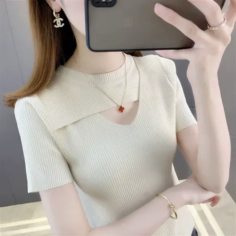 洋气设计感小心机性感短款上衣女修身薄款春夏冰丝针织衫短袖T恤图片