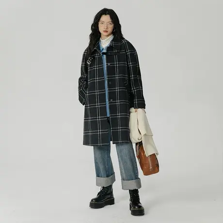 omont蛋挞家 格子羊毛大衣女秋冬新款宽松中长款毛呢外套商品大图