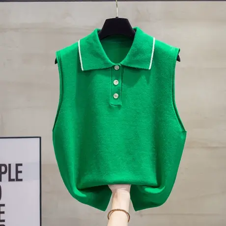 Polo领针织马甲背心女2023秋装新款宽松外穿上衣细针方领毛衣坎肩商品大图