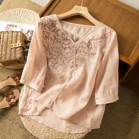 享永子满屏刺绣苎麻七分袖衬衫女夏文艺复古宽松棉麻上衣2024新款商品大图