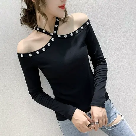 欧货女装新款重工钉珠T恤女长袖性感露肩挂脖上衣洋气百搭打底衫商品大图