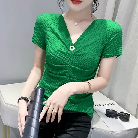 2024夏新款性感V领气质T恤女短袖时尚设计感褶皱上衣洋气百搭体恤商品大图