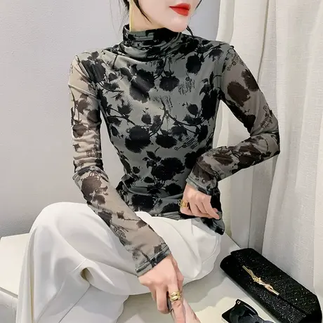 半高领网纱T恤女长袖扎染印花上衣洋气修身透气百搭打底衫秋冬潮t图片