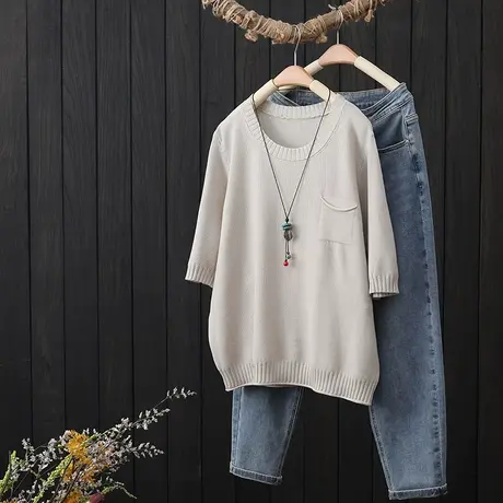 夏季2023年新款圆领针织短袖T恤女复古文艺宽松显瘦减龄上衣t恤衫商品大图