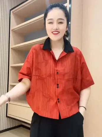2023夏季新款撞色小翻领显瘦短袖衬衫女百搭宽松休闲时尚防晒上衣商品大图