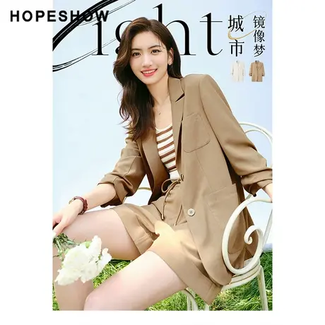 红袖outlets抽褶七分袖宽松西装hopeshow2022秋季H型翻领外套女图片