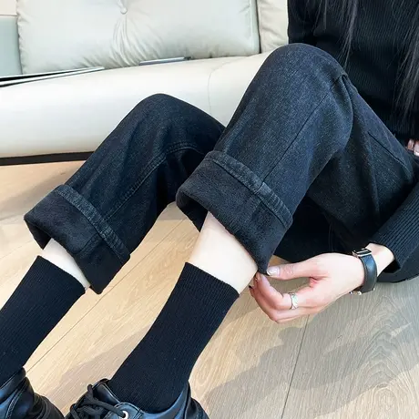 加绒烟管裤女2024新款秋冬款小个子高腰显瘦加厚保暖直筒牛仔裤子商品大图