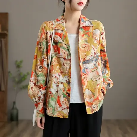 dza 文艺复古棉麻上衣女士短款碎花外套西装新款秋季苎麻休闲西服图片