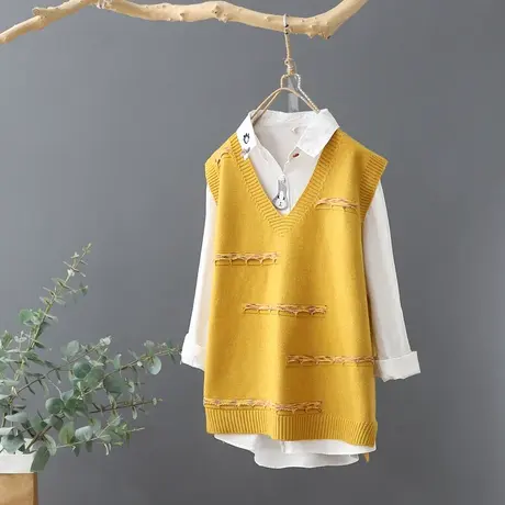 无袖毛衣提花坎肩V领短款针织马甲女宽松背心2024春季马夹外穿潮商品大图