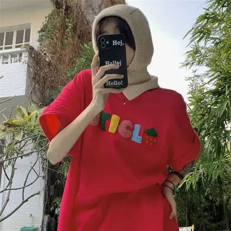 美式复古字母毛巾绣白色短袖t恤女ins夏季纯棉百搭上衣设计感小众商品大图