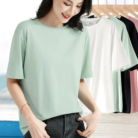 纯色短袖t恤女新款圆领简约百搭上衣浅绿色宽松常规基础款体恤薄商品大图