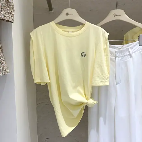 短袖t恤女夏装2021新款韩版ins潮简约刺绣笑脸宽松百搭设计感上衣商品大图