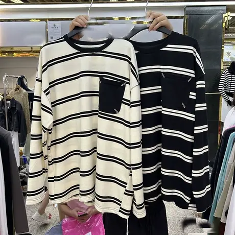 欧货2023秋季套头撞色宽松休闲中长款条纹T恤长袖女百搭显瘦上衣商品大图
