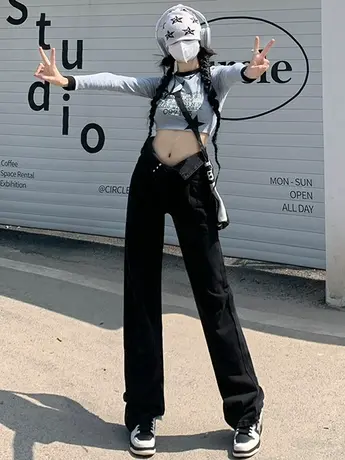 OROI水洗黑复古阔腿牛仔裤女2023年秋夏新款高腰显瘦宽松直筒裤子图片