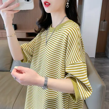 小众设计感短袖t恤女2023新款夏季韩版宽松大码条纹半袖上衣服潮图片