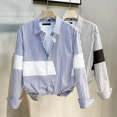 男士竖条纹衬衫长袖韩版拼接潮流韩版高级感衬衣帅气休闲2023春秋商品大图