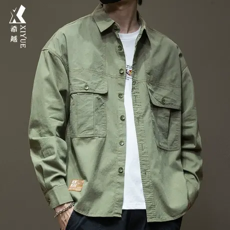 希越绿色工装长袖衬衫外套男士秋冬衬衣男宽松大码休闲上衣男装潮商品大图