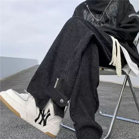 编织抽绳直筒裤男款春秋季美式高街休闲灯芯绒裤子设计感拉链开叉图片