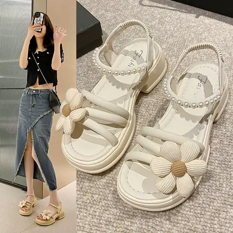 高跟凉鞋女款2023年夏季新款法式配裙子珍珠太阳花露趾粗跟罗马鞋图片