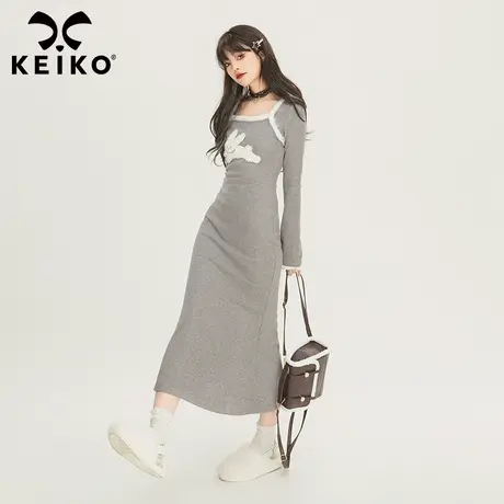 KEIKO 兔子绣花灰色针织连衣裙春季辣妹显瘦鱼尾长裙打底毛衣裙图片