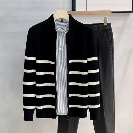 学院风半高领拉链条纹毛衣男秋冬季2023新款针织开衫外套男装毛衫商品大图