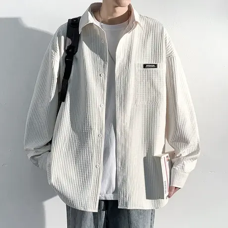 华夫格长袖衬衫男款夏季潮牌港风宽松白色衬衣休闲男士春秋款外套商品大图