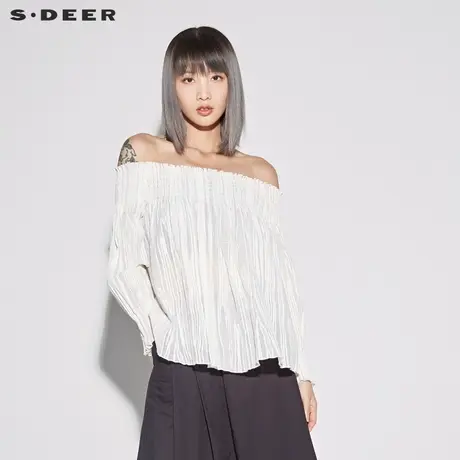 sdeer圣迪奥2019新款素雅白松紧一字肩细褶装饰女式上衣S18280408图片