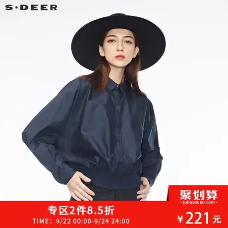 sdeer圣迪奥甜美松紧褶皱造型暗门襟设计蝙蝠袖翻领衬衫S18780535图片