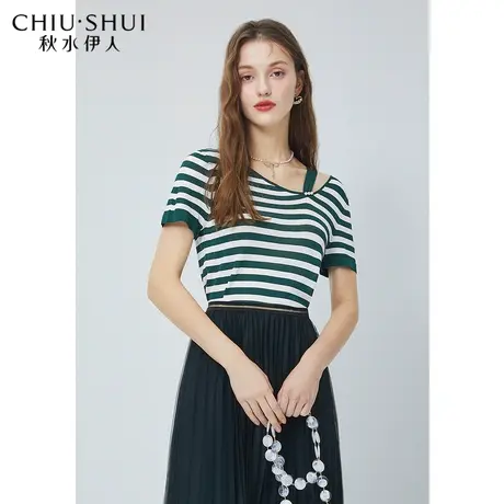 秋水伊人条纹短袖夏装2021新款女装设计感小众珍珠吊带条纹毛衫女图片
