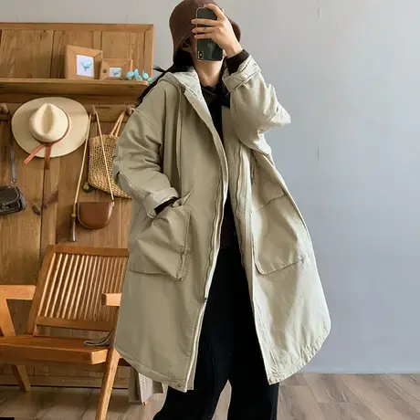 dza 复古加厚厚实长裤纯色连帽棉衣外套女冬宽松防风保暖棉服上衣图片